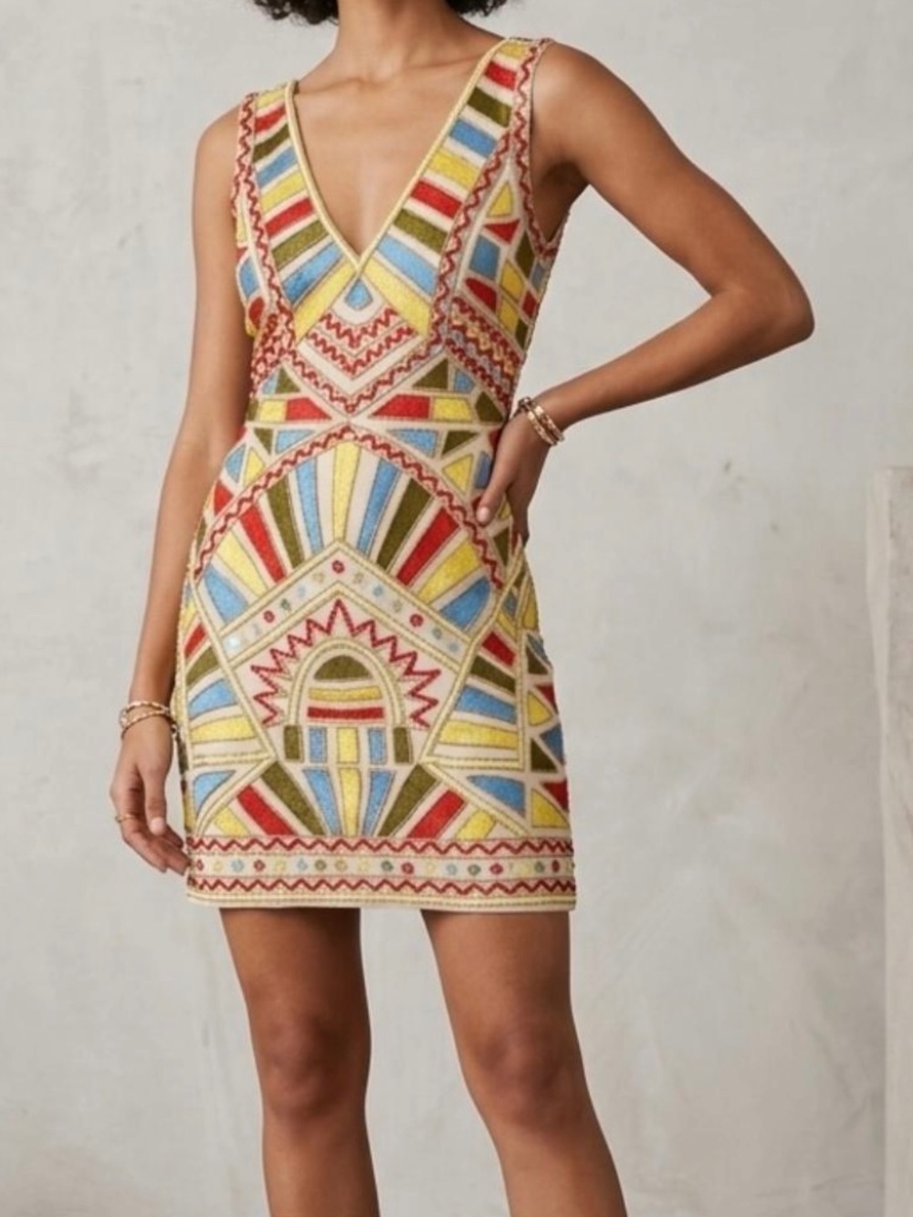 NWOT, Gianni Bini Arianna Geometric Beaded Mini Dress Multicolor Size 2 Art Deco